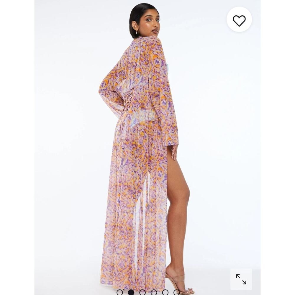 Long Kimono Duster Cover Up Purple Orange Abstract Print Lace Up Back‎ - Picture 3 of 5